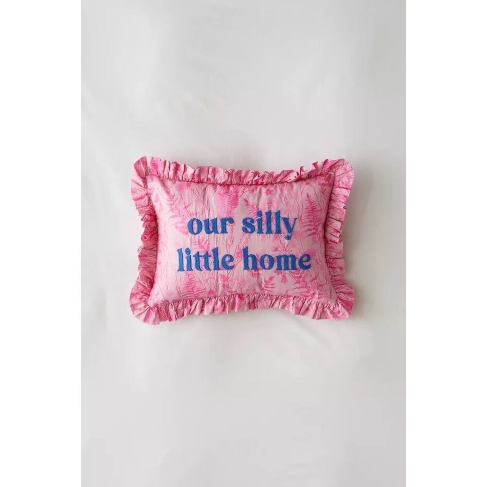 Urban Outfitters Pink Accent Pillow with blue embroidered Our Silly Little Home